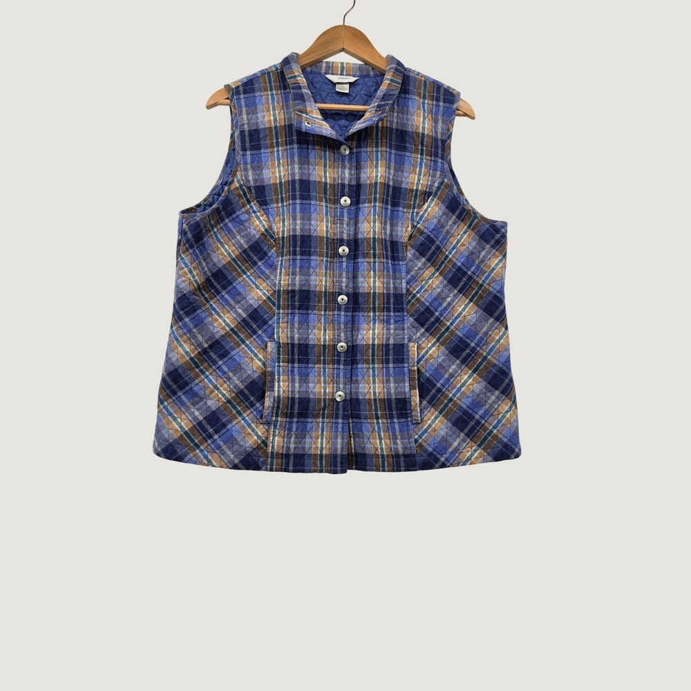 cj banks Quilted Vest Womens 1X Blue Plaid Cotton Snap Front Pockets Puffer L